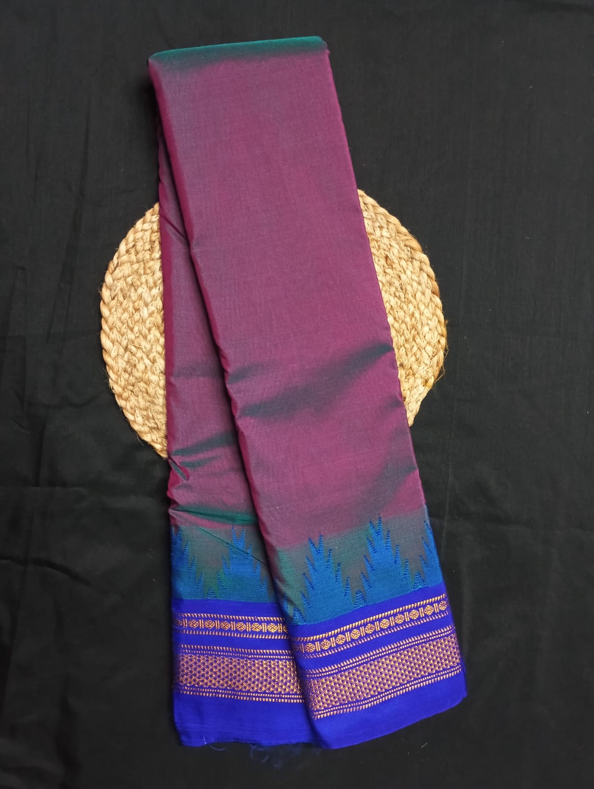 Neyge Ilkal Pure Cotton Silk Saree Temple Gadwal Chikkiparas Border Tope Pallu Saree (Dark Purple)