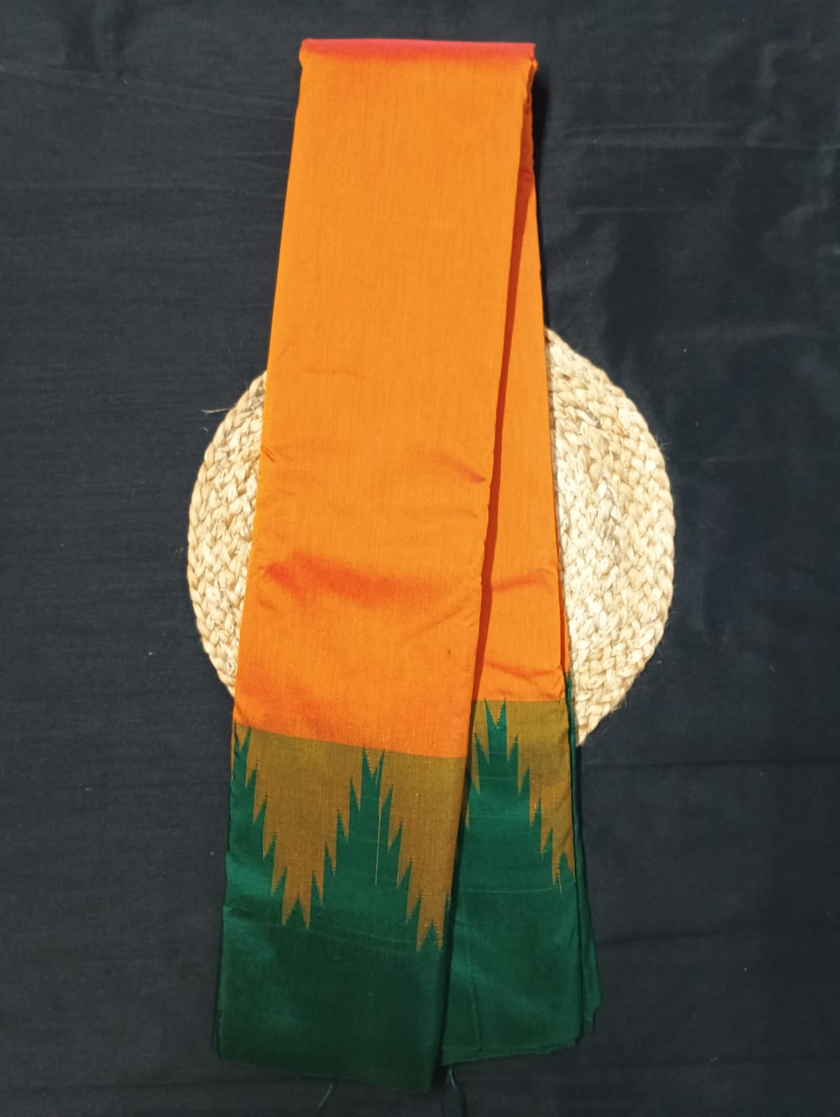 Neyge Ilkal Pure Cotton Silk Saree Big Temple Gadwal Border Traditional Pallu Saree (Orange_Green)