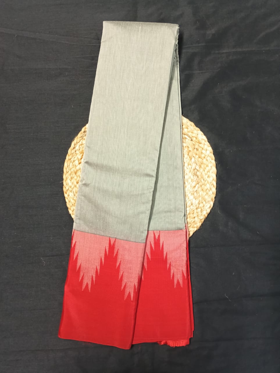 Neyge Ilkal Pure Cotton Silk Saree Big Temple Gadwal Border Traditional Pallu Saree (Grey_Red)