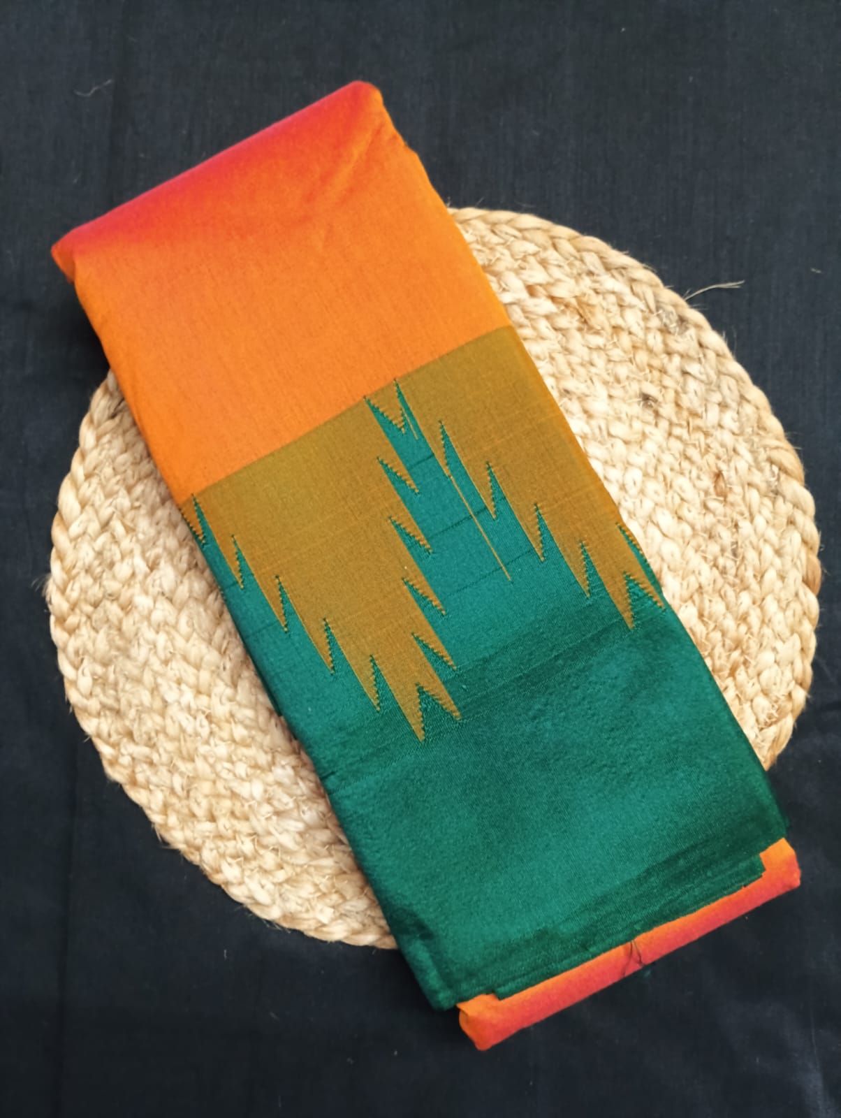 Neyge Ilkal Pure Cotton Silk Saree Big Temple Gadwal Border Traditional Pallu Saree (Orange_Green)