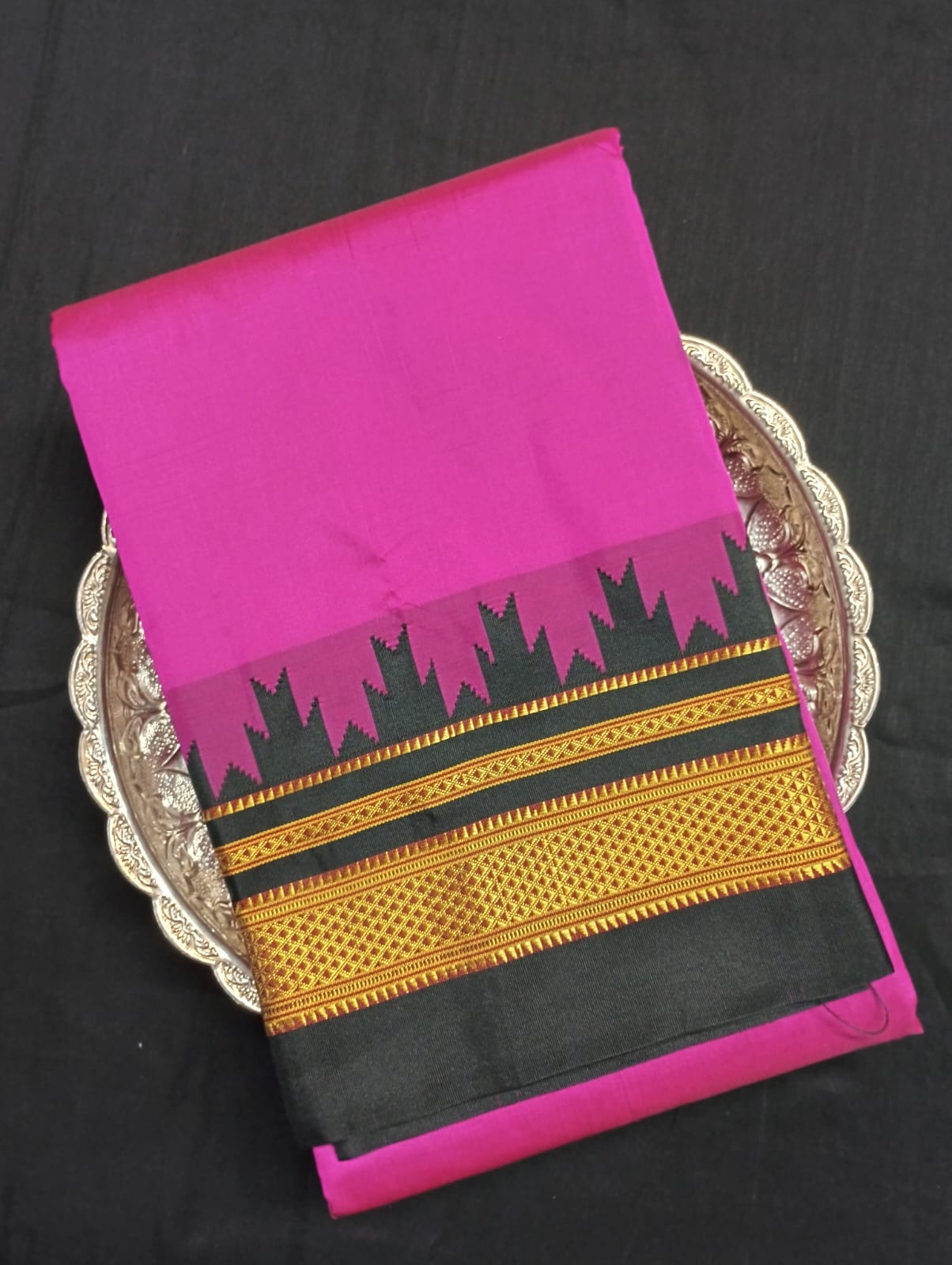 Neyge Ilkal Pure Cotton Silk Saree Temple Gadwal Chikkiparas Border Tope Pallu Saree (Pink_Black)