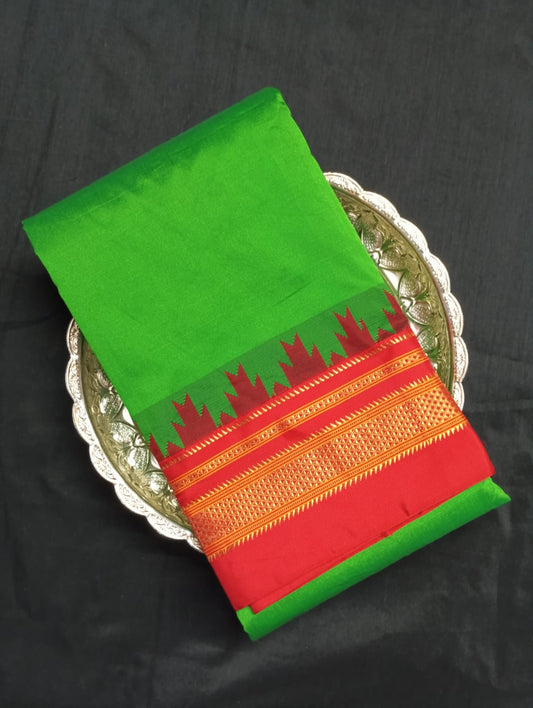 Neyge Ilkal Pure Cotton Silk Saree Temple Gadwal Chikkiparas Border Tope Pallu Saree (LightGreen_Red)