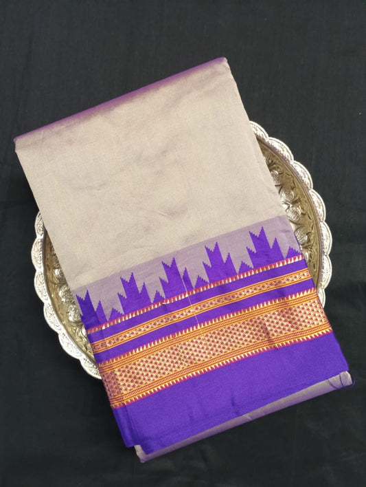 Neyge Ilkal Pure Cotton Silk Saree Temple Gadwal Chikkiparas Border Tope Pallu Saree (LightGrey_Purple)