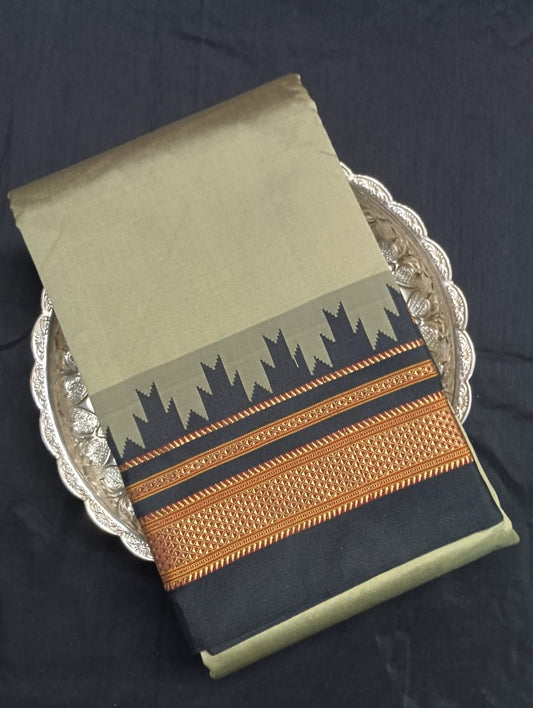 Neyge Ilkal Pure Cotton Silk Saree Temple Gadwal Chikkiparas Border Tope Pallu Saree (OliveGreen_Black)