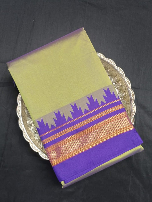 Neyge Ilkal Pure Cotton Silk Saree Temple Gadwal Chikkiparas Border Tope Pallu Saree (OliveGreen_Purple)