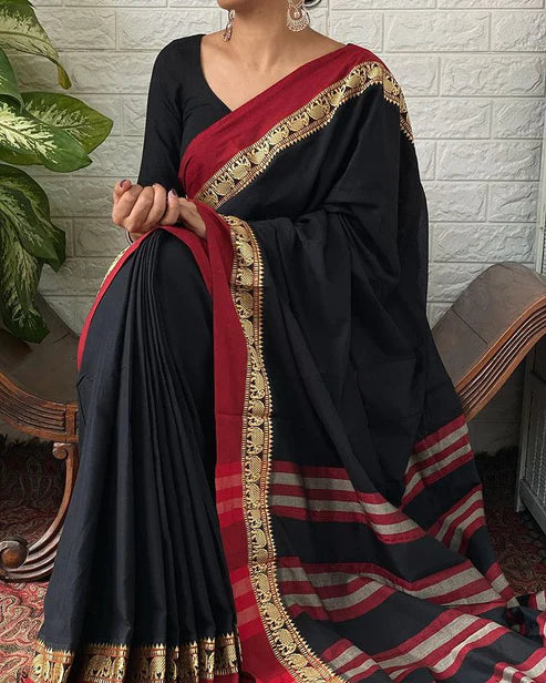 Neyge Traditional Pure Cotton Narayanpet Saree With Elephant Motif Border Stripe Pallu Saree - Black