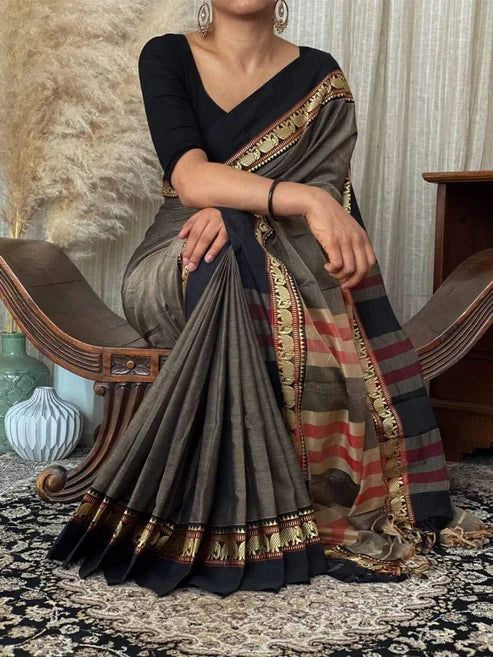 Neyge Traditional Pure Cotton Narayanpet Saree With Elephant Motif Border Stripe Pallu Saree -Grey