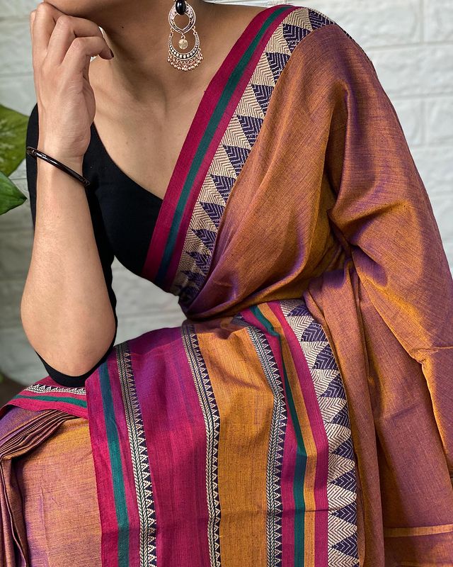 Neyge Pure Cotton Narayanpet Saree Skirt Border Stripe Pallu Saree - Mustard