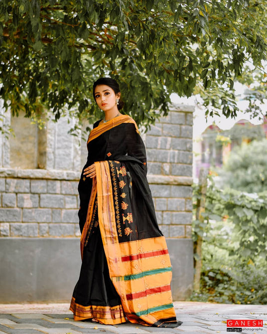 Ilkal Cotton Silk Blend Kasuti Handwoven Traditional Border Stripe Pallu Saree - Black