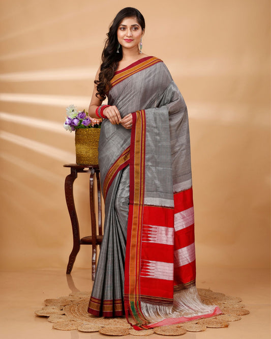 Ilkal Handwoven Rayon Blend with Cotton Tope Pallu Saree - Grey