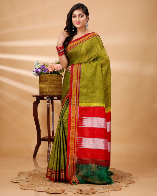 Ilkal Handwoven Rayon Blend with Cotton Tope Pallu Saree - Olive Green