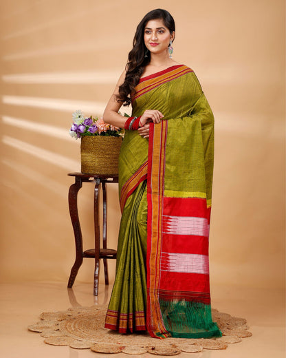 Ilkal Handwoven Rayon Blend with Cotton Tope Pallu Saree - Olive Green