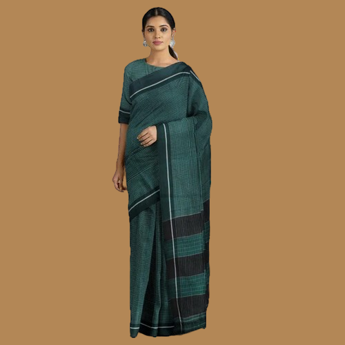 Neyge Ilkal Patteda Anchu Pure Cotton Elegant Checkered Pattern Plain Border Stripe Pallu - GreenBlack