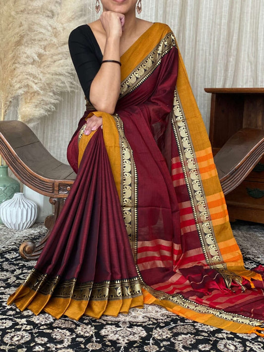 Neyge Traditional Pure Cotton Narayanpet Saree With Elephant Motif Border Stripe Pallu Saree - Maroon