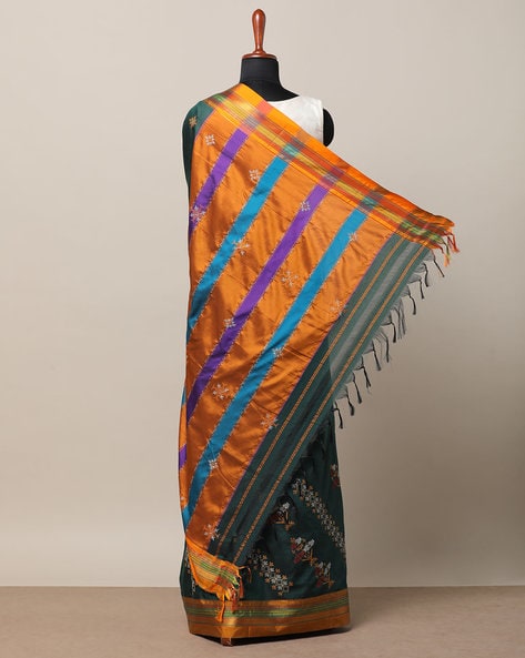 Ilkal Cotton Silk Blend Kasuti Handwoven Traditional Border Stripe Pallu Saree - Green