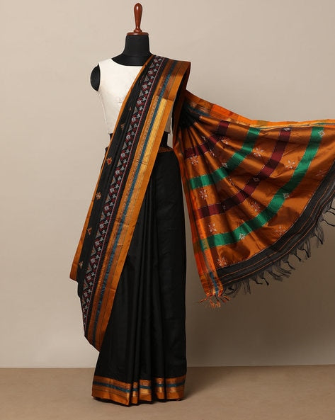 Ilkal Cotton Silk Blend Kasuti Handwoven Traditional Border Stripe Pallu Saree - Black