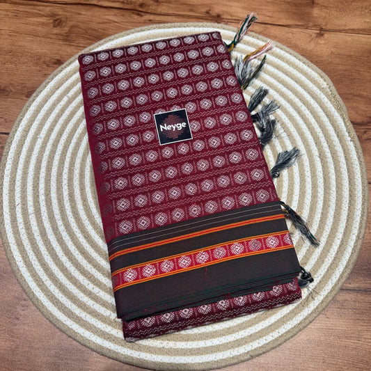Neyge Cottonsilk Premium Quality Rudraksh design Khun Saree_Running Pallu and Running Blouse_Maroon