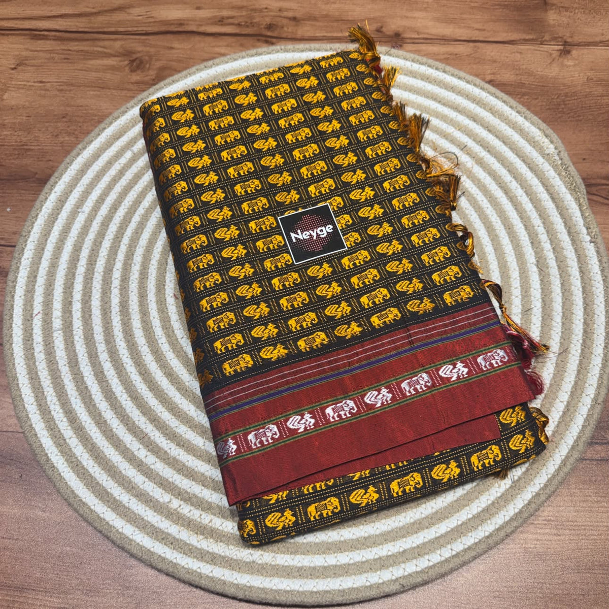Neyge Cottonsilk Premium Quality Hati Mor Khun Saree_Running Pallu and Running Blouse_Mustard