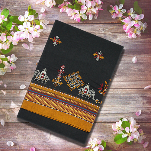 Neyge Ilkal Handwoven Cotton Silk Blend Kasuti Chikki Paras Traditional Border Stripe Pallu -  Black