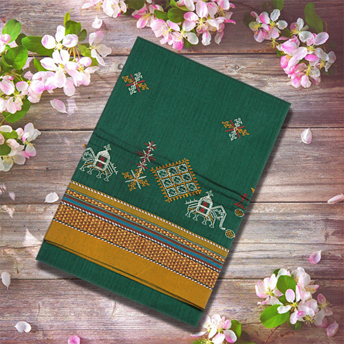 Neyge Ilkal Handwoven Cotton Silk Blend Kasuti Chikki Paras Traditional Border Stripe Pallu - Green