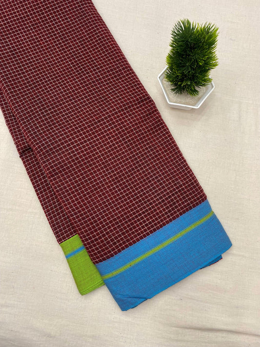 Neyge Ilkal Patteda Anchu Pure Cotton Elegant Checkered Pattern Plain Border Stripe Pallu - Dark Maroon