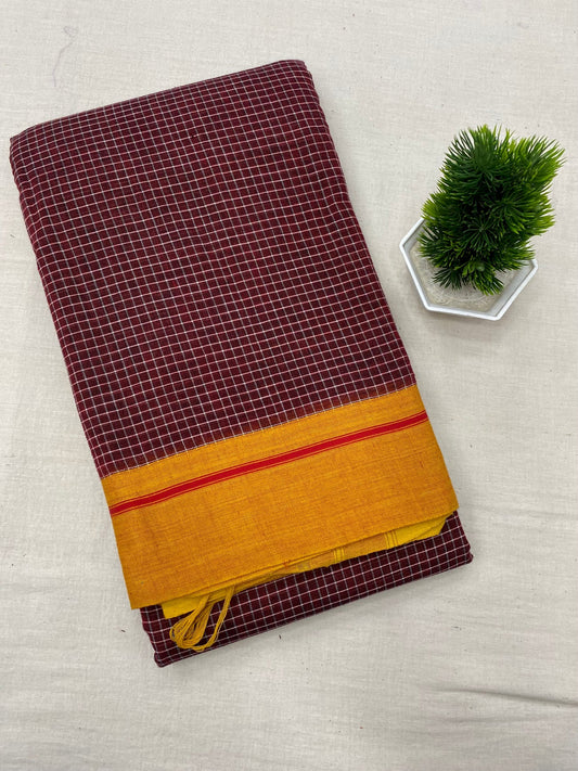 Neyge Ilkal Patteda Anchu Pure Cotton Elegant Checkered Pattern Plain Border Stripe Pallu - Maroon