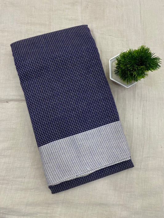 Neyge Ilkal Patteda Anchu Pure Cotton Elegant Checkered Pattern Plain Border Stripe Pallu - Blue