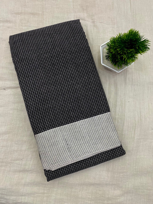 Neyge Ilkal Patteda Anchu Pure Cotton Elegant Checkered Pattern Plain Border Stripe Pallu - GreyBlack