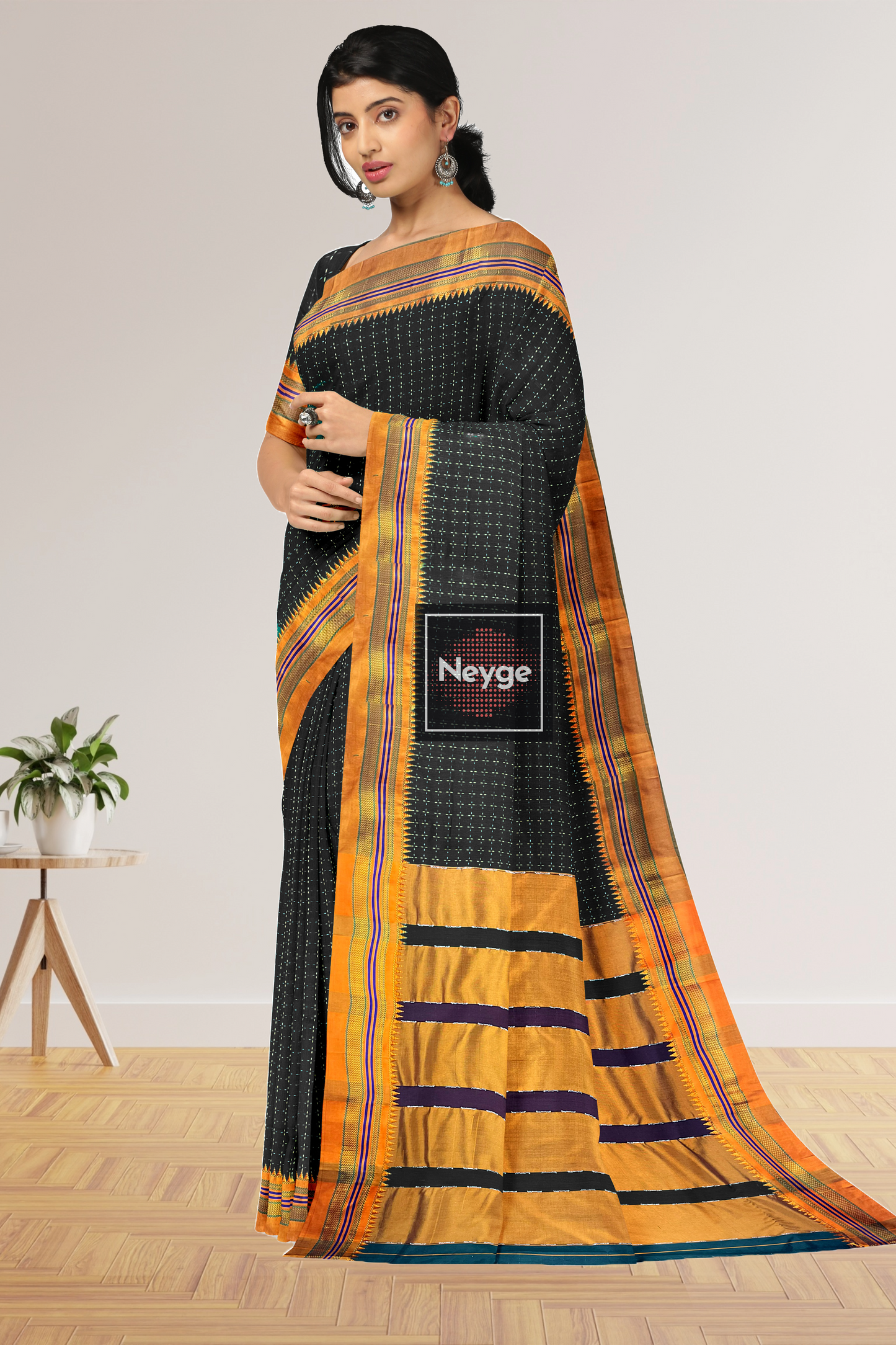 Neyge Ilkal Handwoven Cotton Silk Star Patterened Traditional Satin Border Stripe Pallu Saree - Black