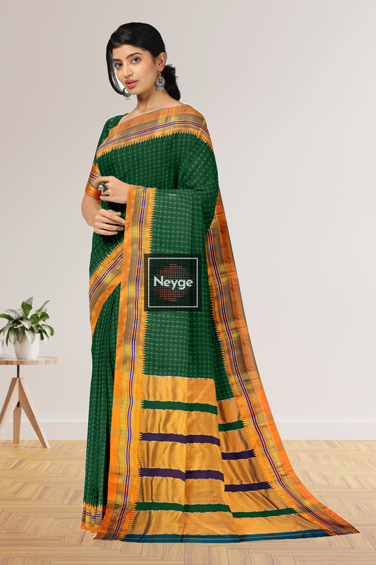 Neyge Ilkal Handwoven Cotton Silk Star Patterened Traditional Satin Border Stripe Pallu Saree - BottleGreen