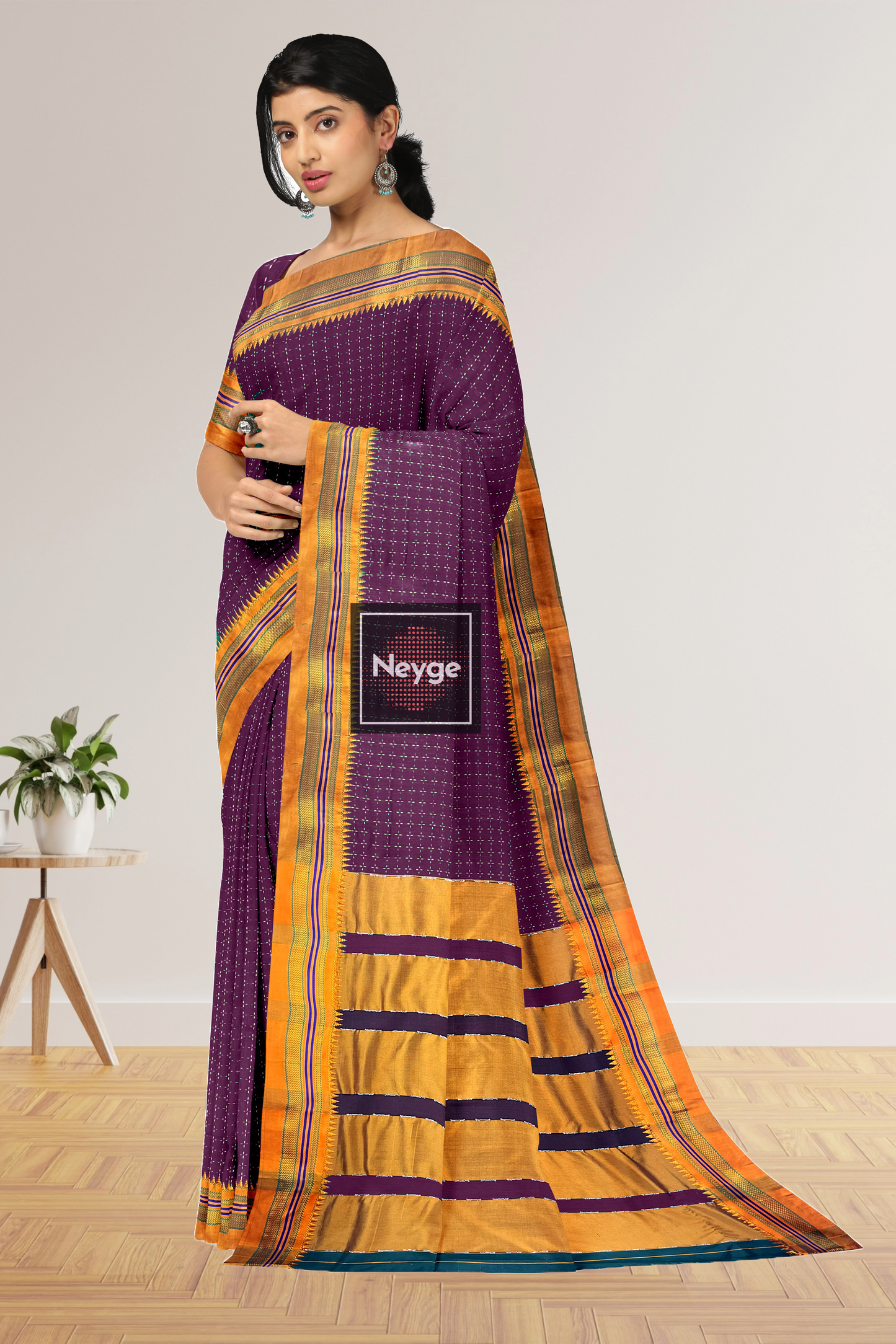 Neyge Ilkal Handwoven Cotton Silk Star Patterened Traditional Satin Border Stripe Pallu Saree - Majenta