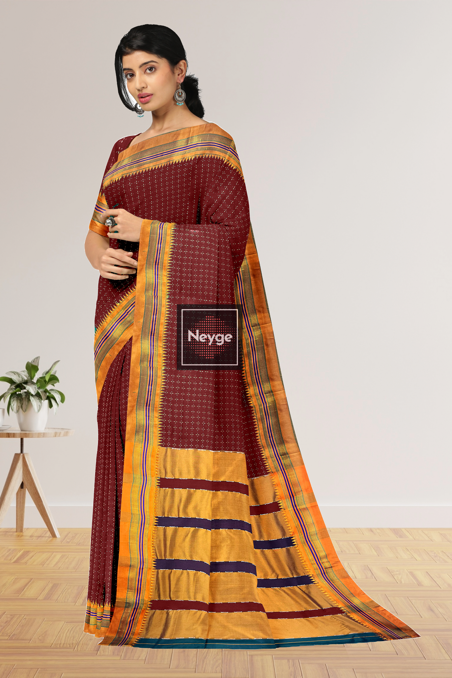 Neyge Ilkal Handwoven Cotton Silk Star Patterened Traditional Satin Border Stripe Pallu Saree - Maroon