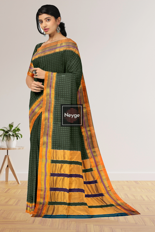 Neyge Ilkal Handwoven Cotton Silk Star Patterened Traditional Satin Border Stripe Pallu Saree - Mehendi