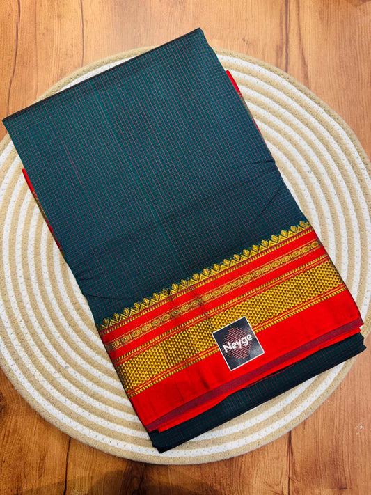 Neyge Classic Ilkal Cotton Silk Small Checks with Signature PureSilk Tope-Tope Pallu Chikki Paras Border & Contrast Blouse_ParrotGreen (Copy)