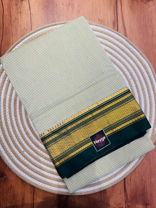 Neyge Classic Ilkal Cotton Silk Small Checks with Signature PureSilk Tope-Tope Pallu Chikki Paras Border & Contrast Blouse_ParrotGreen (Copy)