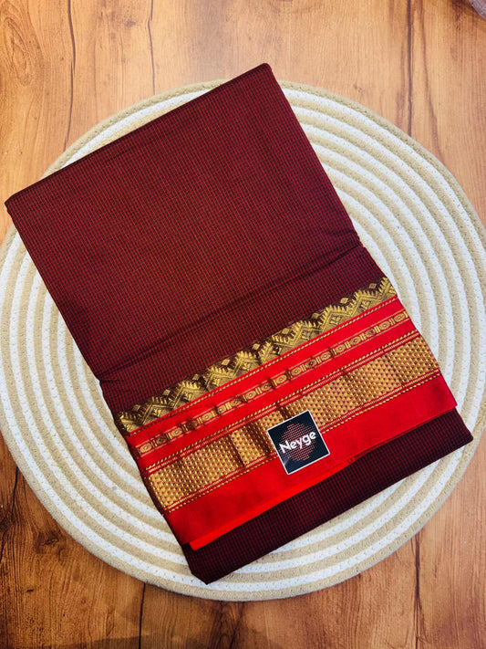 Neyge Classic Ilkal Cotton Silk Small Checks with Signature PureSilk Tope-Tope Pallu Chikki Paras Border & Contrast Blouse_DarkBrown