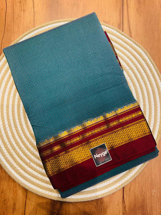 Neyge Classic Ilkal Cotton Silk Small Checks with Signature PureSilk Tope-Tope Pallu Chikki Paras Border & Contrast Blouse_DarkGrey