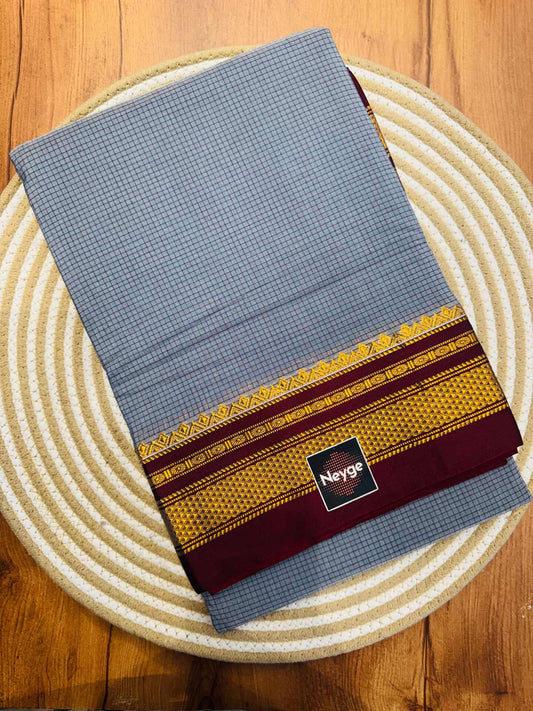 Neyge Classic Ilkal Cotton Silk Small Checks with Signature PureSilk Tope-Tope Pallu Chikki Paras Border & Contrast Blouse_Grey