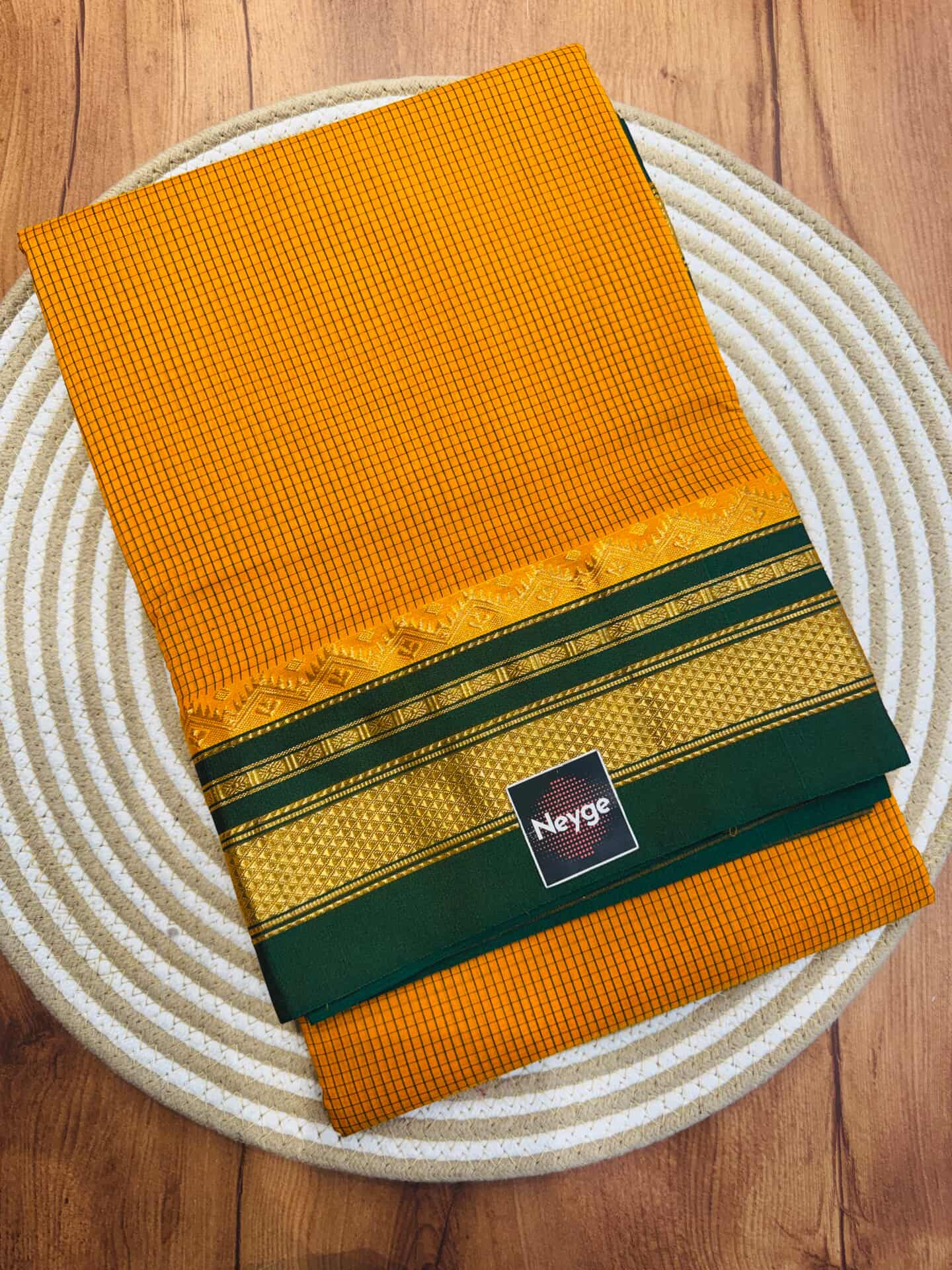 Neyge Classic Ilkal Cotton Silk Small Checks with Signature PureSilk Tope-Tope Pallu Chikki Paras Border & Contrast Blouse_MangoYellow