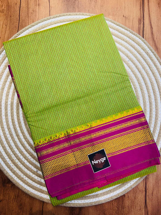 Neyge Classic Ilkal Cotton Silk Small Checks with Signature PureSilk Tope-Tope Pallu Chikki Paras Border & Contrast Blouse_ParrotGreen