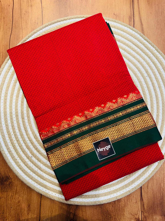 Neyge Classic Ilkal Cotton Silk Small Checks with Signature PureSilk Tope-Tope Pallu Chikki Paras Border & Contrast Blouse_Red