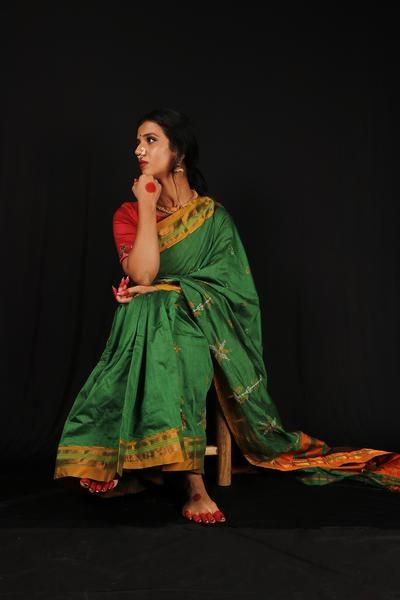 Ilkal Cotton Silk Blend Kasuti Handwoven Traditional Border Stripe Pallu Saree - Green