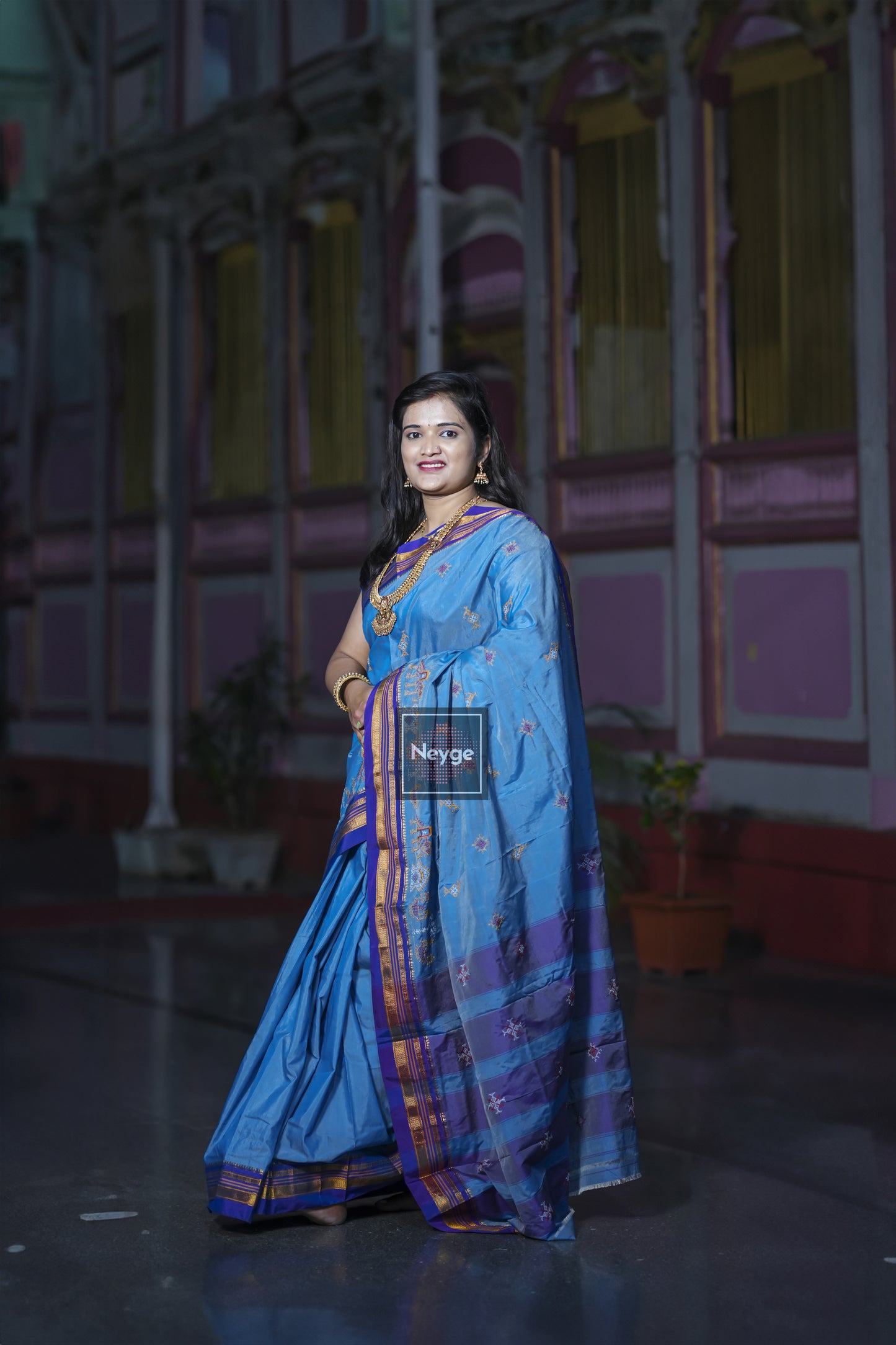 Ilkal Cotton Silk Blend Dharwad Kasuti Handwoven Traditional Border Stripe Pallu Saree - Blue