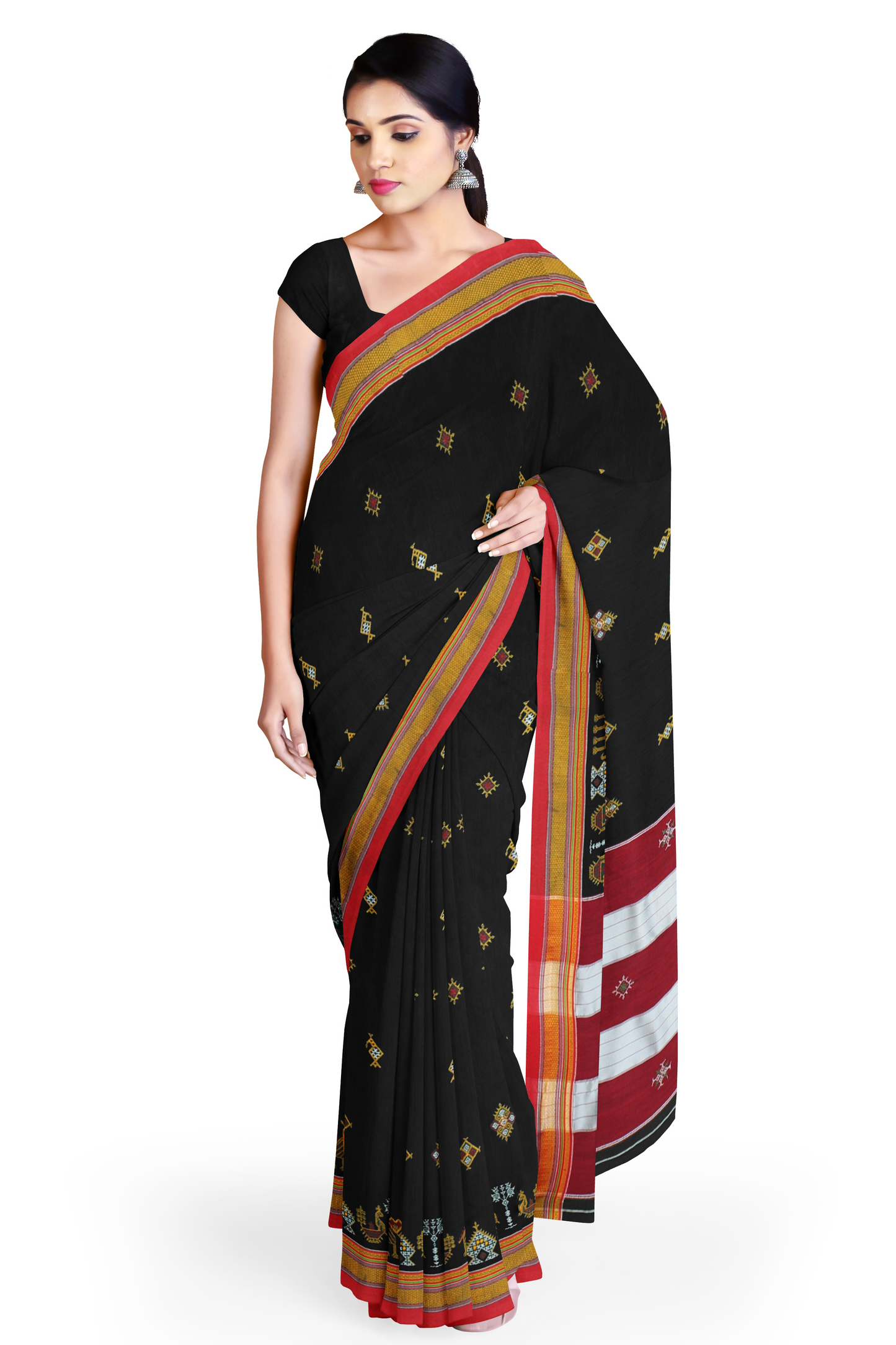 Neyge Ilkal Handwoven Cotton Silk Kasuti Chikki Paras Traditional Border Stripe Pallu Saree - Black