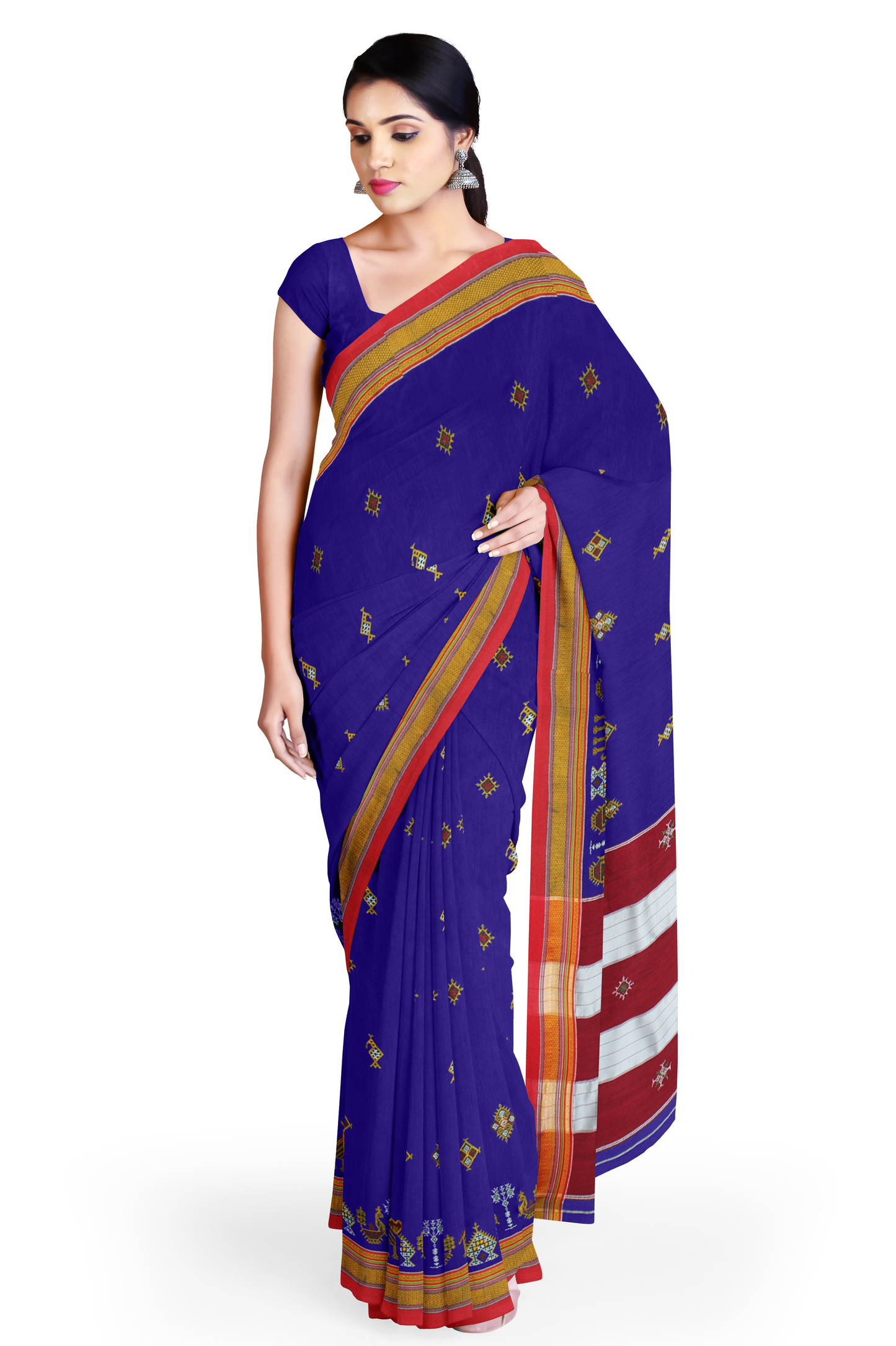 Neyge Ilkal Handwoven Cotton Silk Kasuti Chikki Paras Traditional Border Stripe Pallu Saree - RoyalBlue