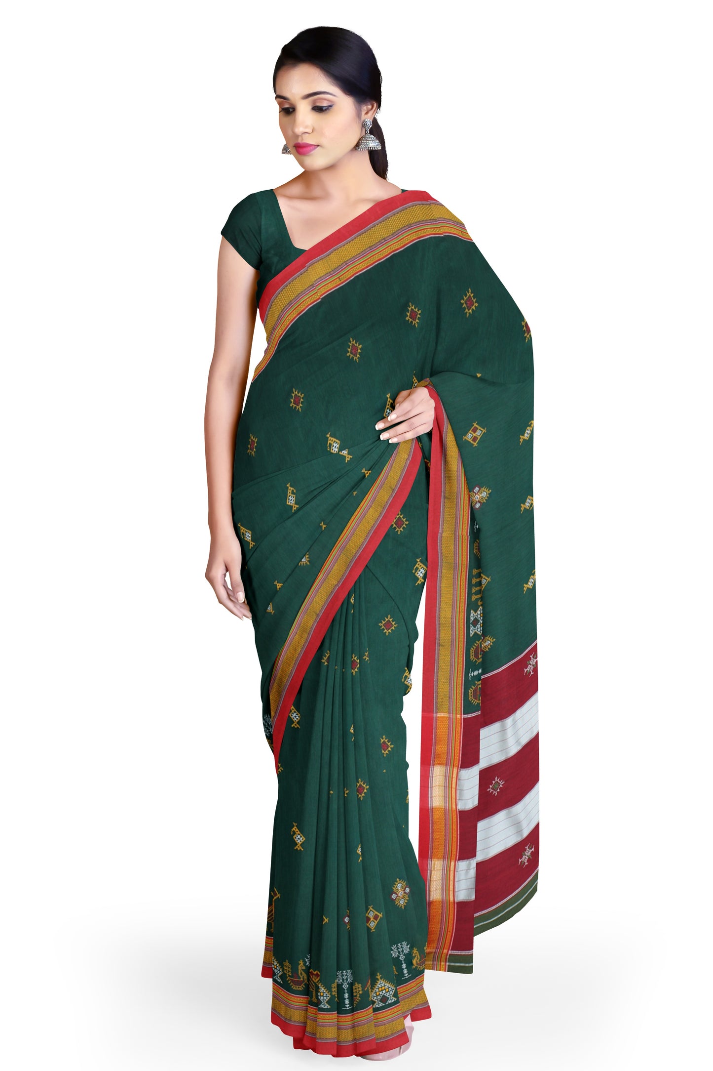 Neyge Ilkal Handwoven Cotton Silk Kasuti Chikki Paras Traditional Border Stripe Pallu Saree - DarkGreen