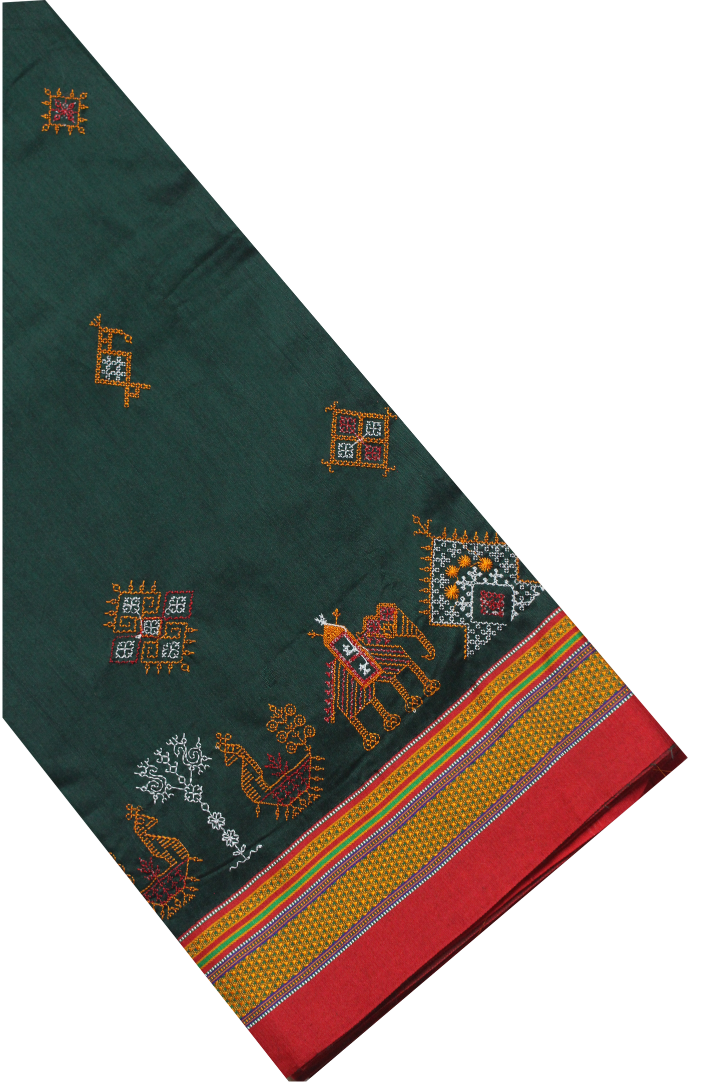 Neyge Ilkal Handwoven Cotton Silk Kasuti Chikki Paras Traditional Border Stripe Pallu Saree - DarkGreen