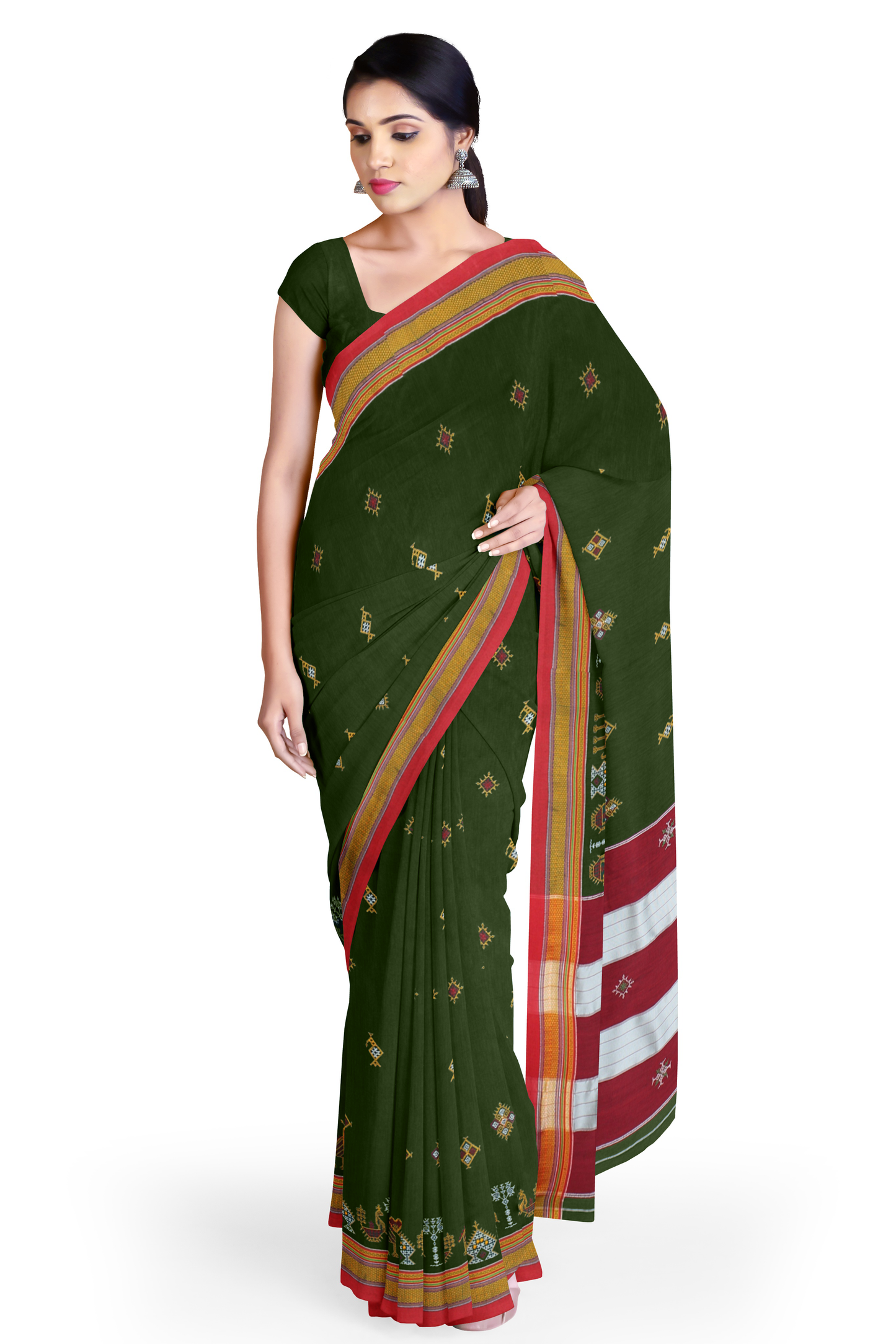 Neyge Ilkal Handwoven Cotton Silk Kasuti Chikki Paras Traditional Border Stripe Pallu Saree - Mehendi Green