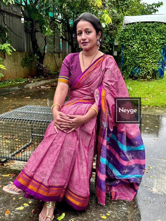 Ilkal Cotton Silk Blend Dharwad Kasuti Handwoven Traditional Border Stripe Pallu Saree - Lavender