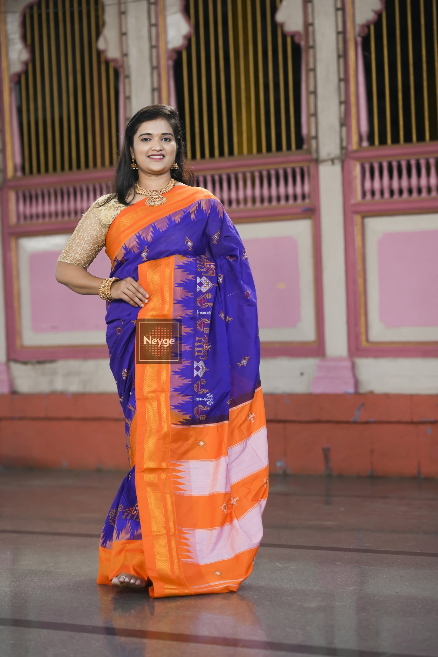 Neyge Ilkal Pure Cotton Silk Dharwad Kasuti Saree Temple Gadwal Chikkiparas Border Tope Pallu Saree - RoyalBlue